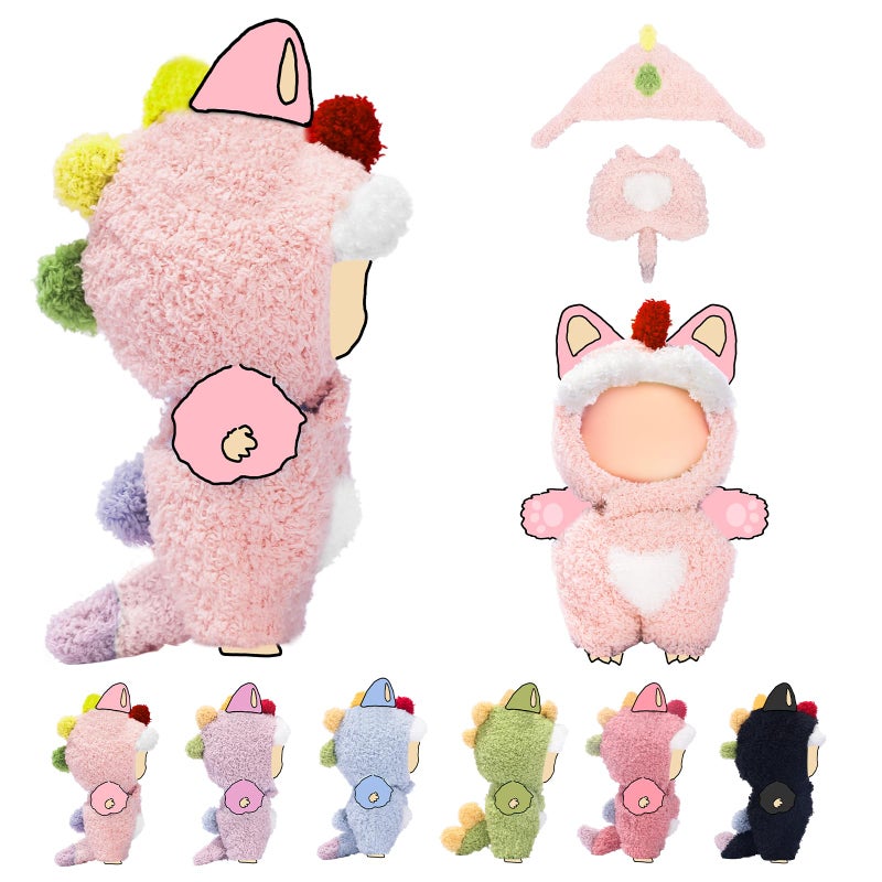 VVQUI 17cm (6.7inch) Doll Clothes, Outfits for Clothes Set, Dino Dolls Keychain Accessories, Faking Animal Style Outfit Jumpsuit Dinosaur Costume for Dolls (Light Pink) (Doll Not Included) - Image 1